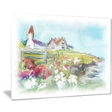 buildings in green meadow landscape painting canvas print PT8246