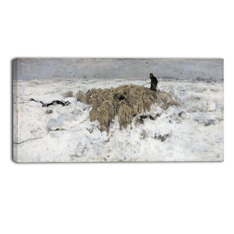 MasterPiece Painting - Anton Mauve Flock of sheep with shepherd in the snow