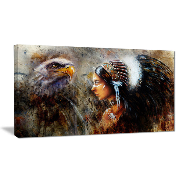 indian woman with feather headdress indian canvas artwork PT6088