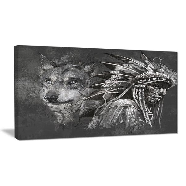 wolf and american indian chief canvas art print PT6363