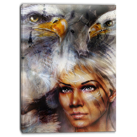 woman with flying eagles portrait canvas art print PT6544