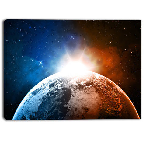 planet with sunrise in space contemporary canvas art print PT6741
