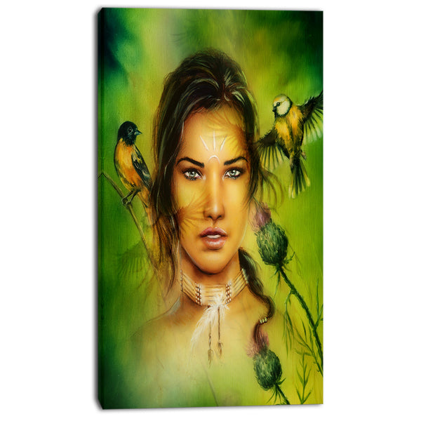 indian woman with birds portrait canvas print PT7188