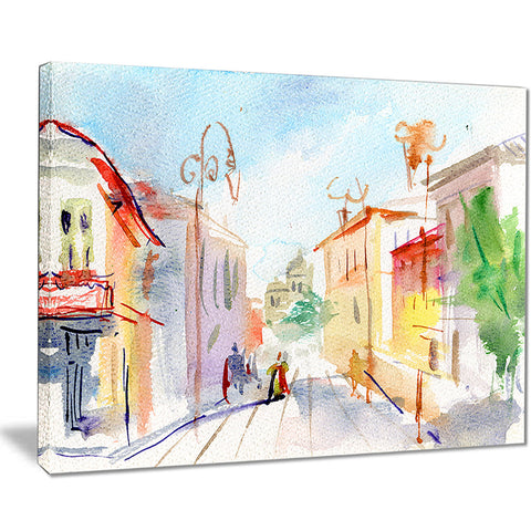 illustrated parisian street watercolor cityscape canvas print PT7469