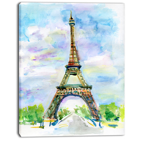 eiffel tower against blue sky watercolor canvas art print PT7470