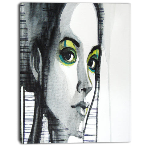 black illustrated girl portrait painting canvas art print PT7589