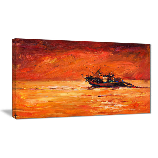 fishing boat in red hue seascape panting canvas print PT7624