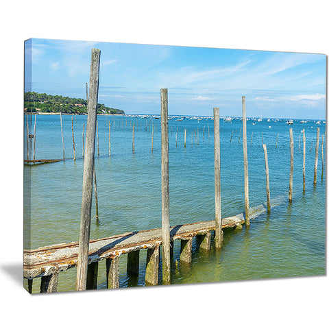 wooden piers by blue sea seascape photo canvas print PT8201
