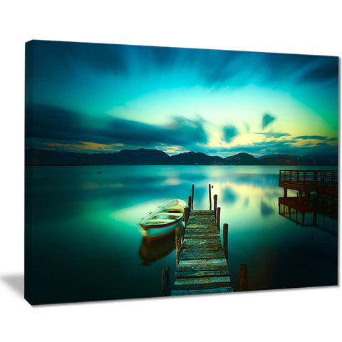 wooden jetty and boat in sea seascape photo canvas print PT8373