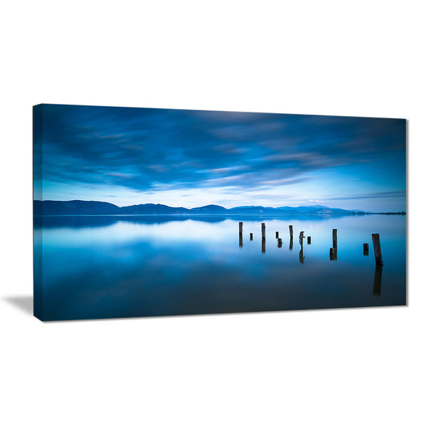 blue lake with wooden pier landscape photo canvas print PT8643